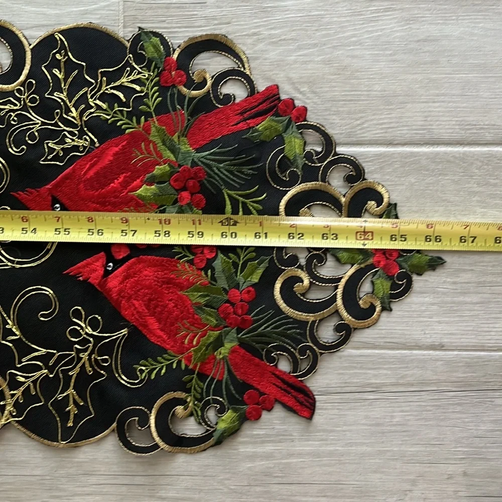 Holiday embroidered cardinal holly berry black gold table runner Christmas 67x12